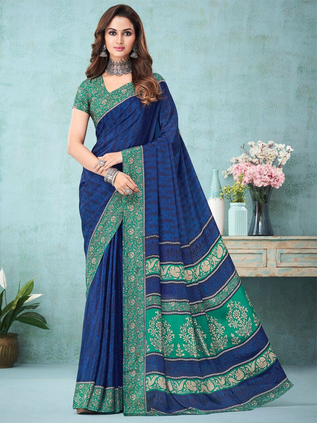 

DIVASTRI Ethnic Motif Printed Pure Silk Saree With Blouse Piece, Blue