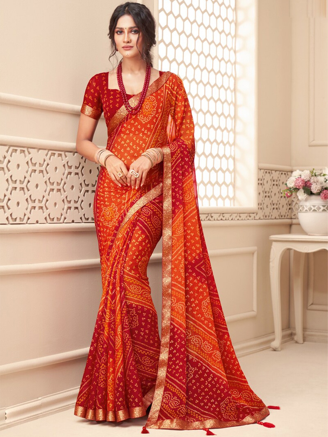 

DIVASTRI Bandhani Zari Pure Chiffon Saree With Blouse Piece, Orange