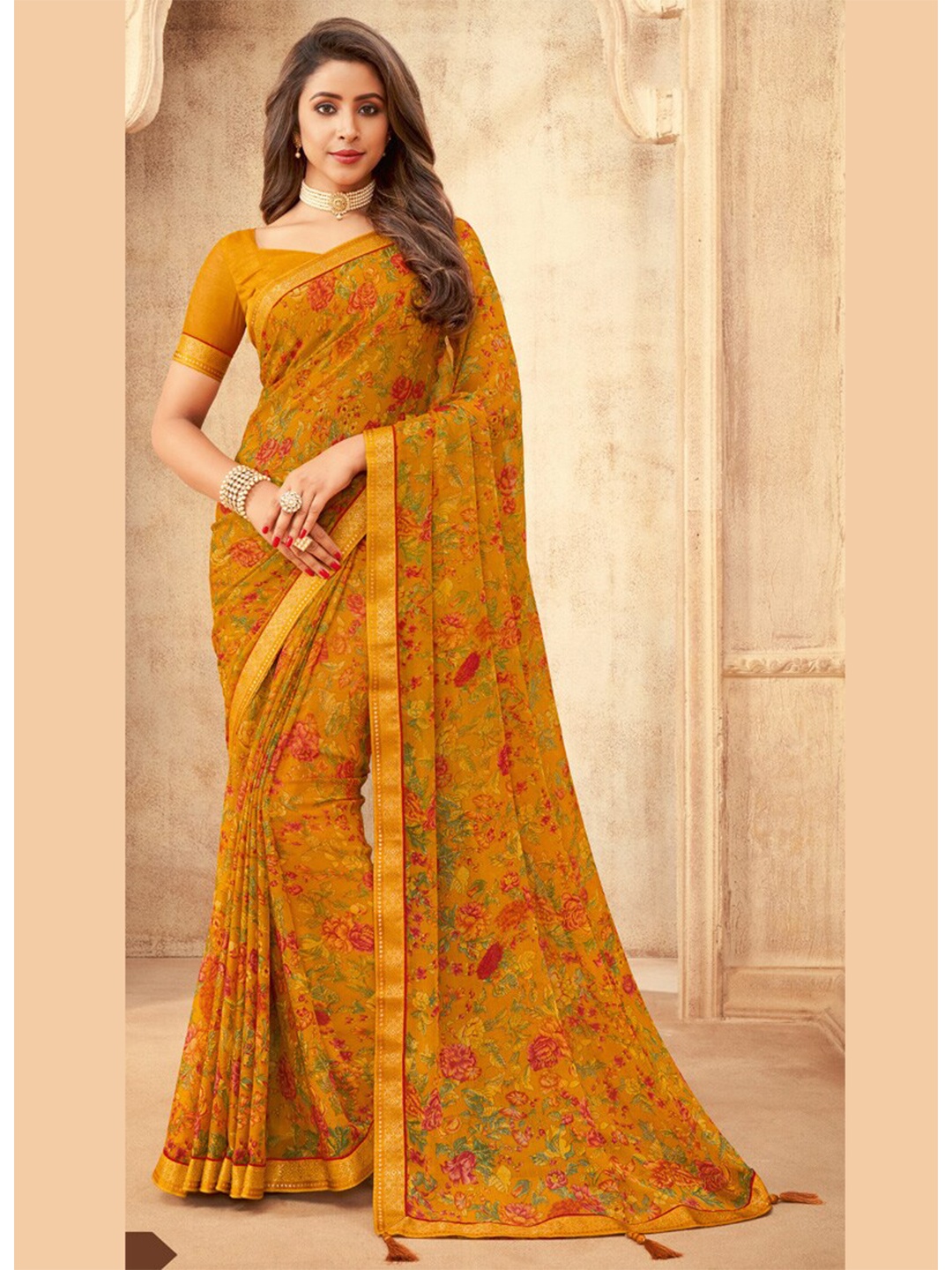 

DIVASTRI Floral Zari Pure Chiffon Saree With Blouse Piece, Mustard