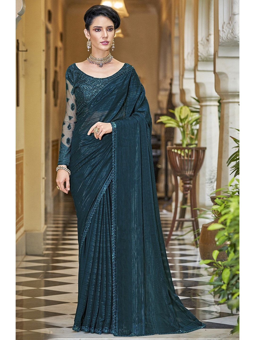 

DIVASTRI Embellished Embroidered Pure Silk Saree With Blouse Piece, Teal