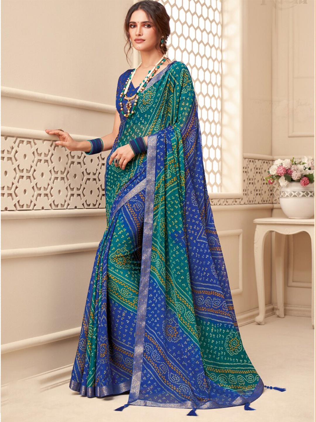 

DIVASTRI Bandhani Zari Pure Chiffon Saree With Blouse Piece, Blue