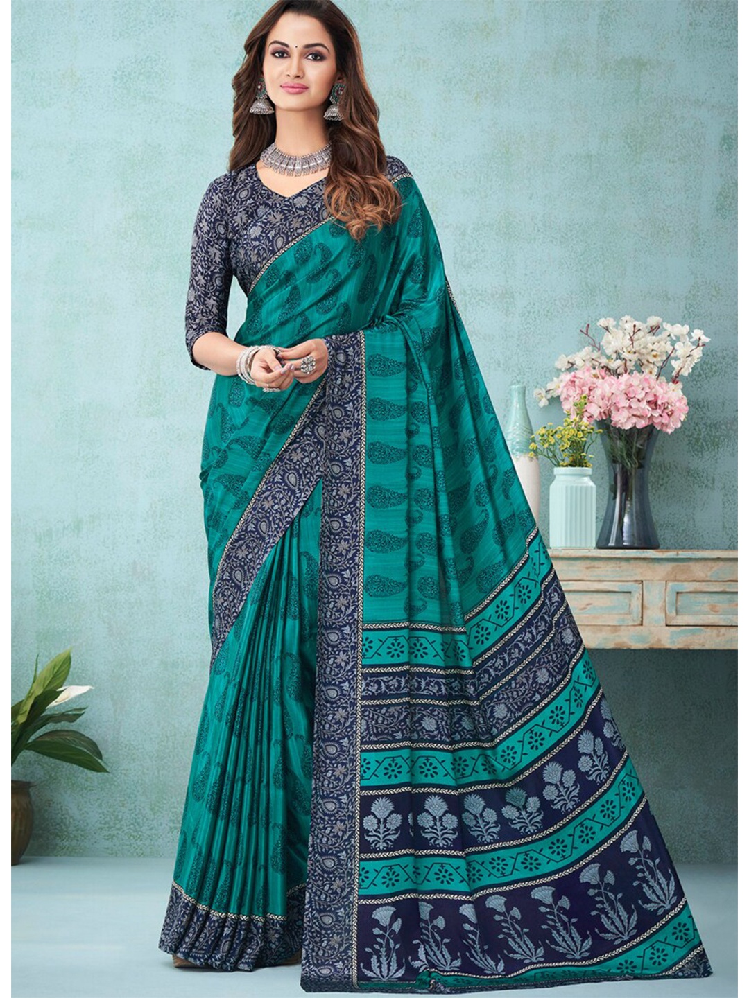 

DIVASTRI Paisley Printed Saree, Teal