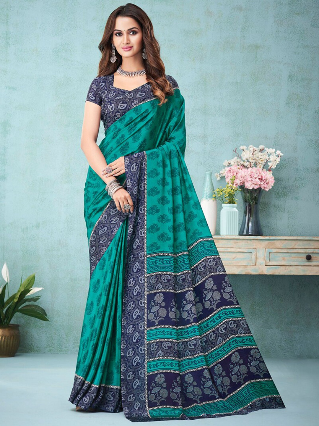 

DIVASTRI Ethnic Motif Printed Saree, Sea green
