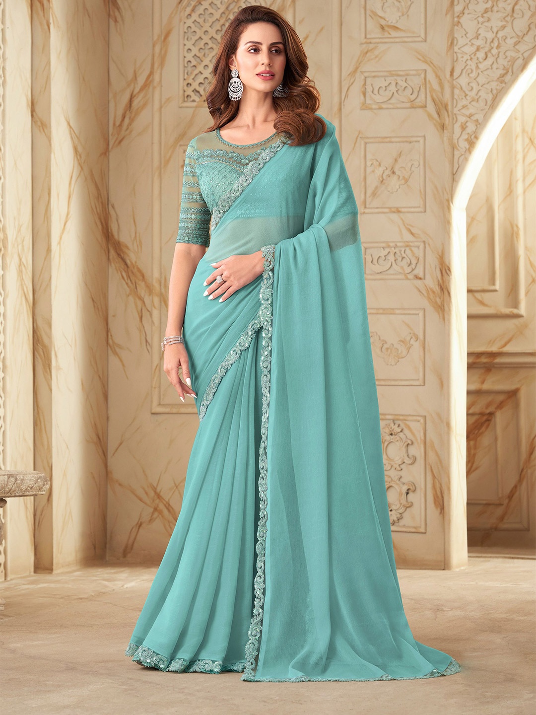 

DIVASTRI Embroidered Sequinned Pure Silk Saree, Turquoise blue