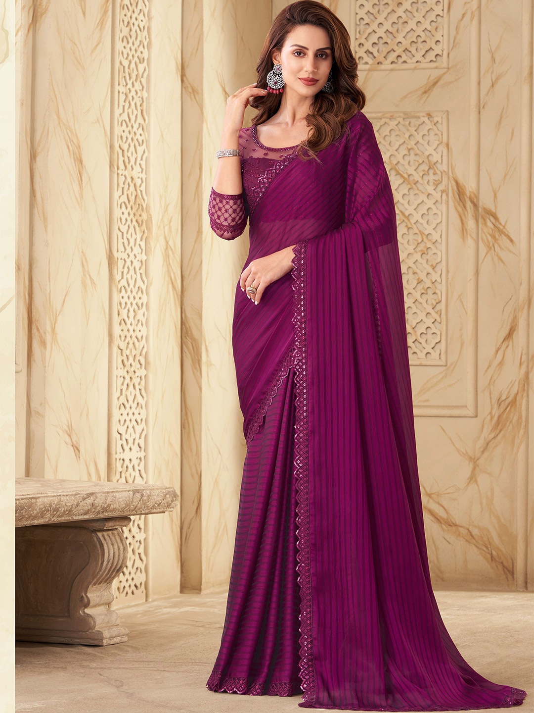 

DIVASTRI Striped Sequinned Pure Silk Saree, Purple