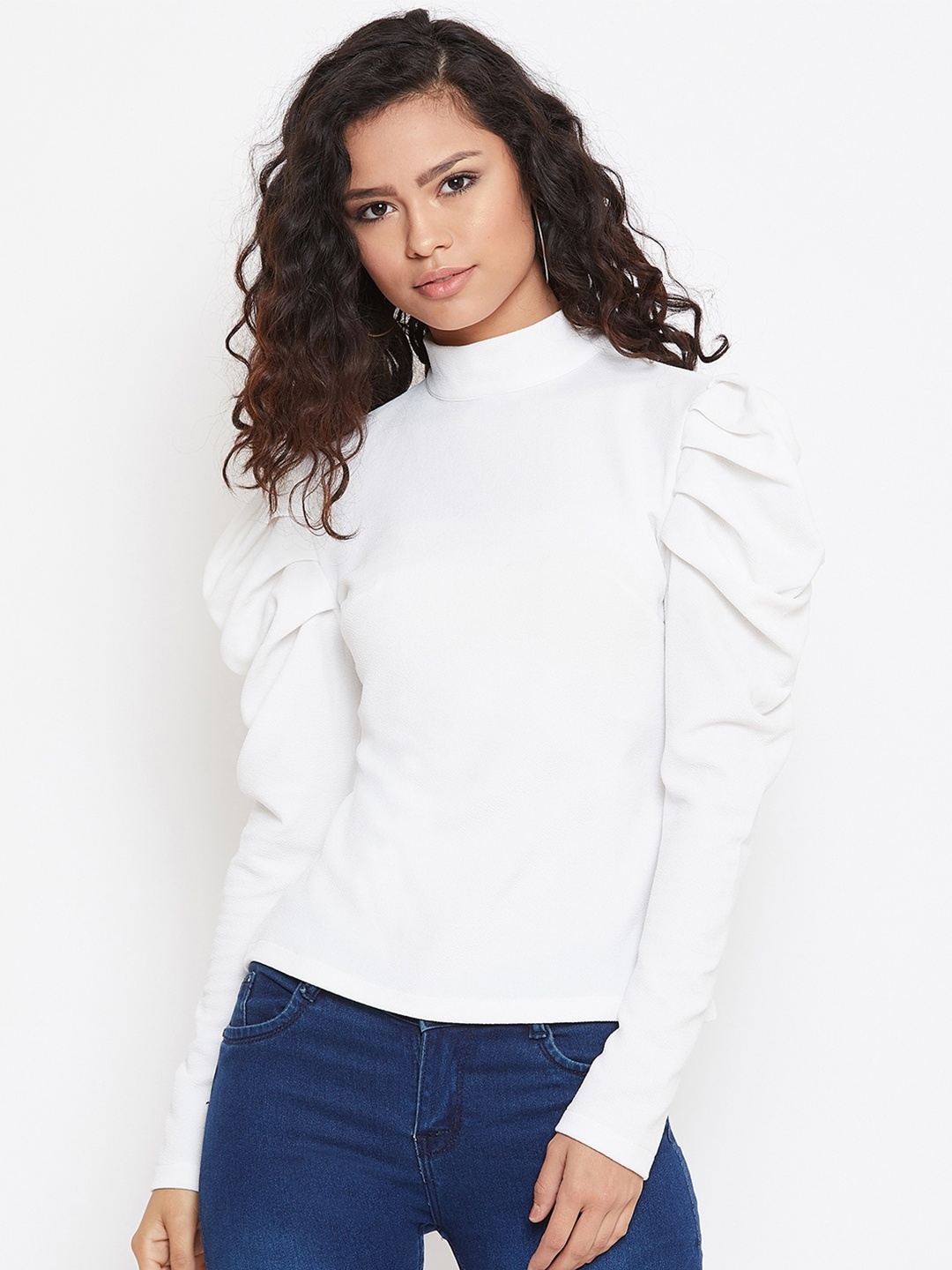 

Zastraa High Neck With Puff Sleeves Regular Top, White