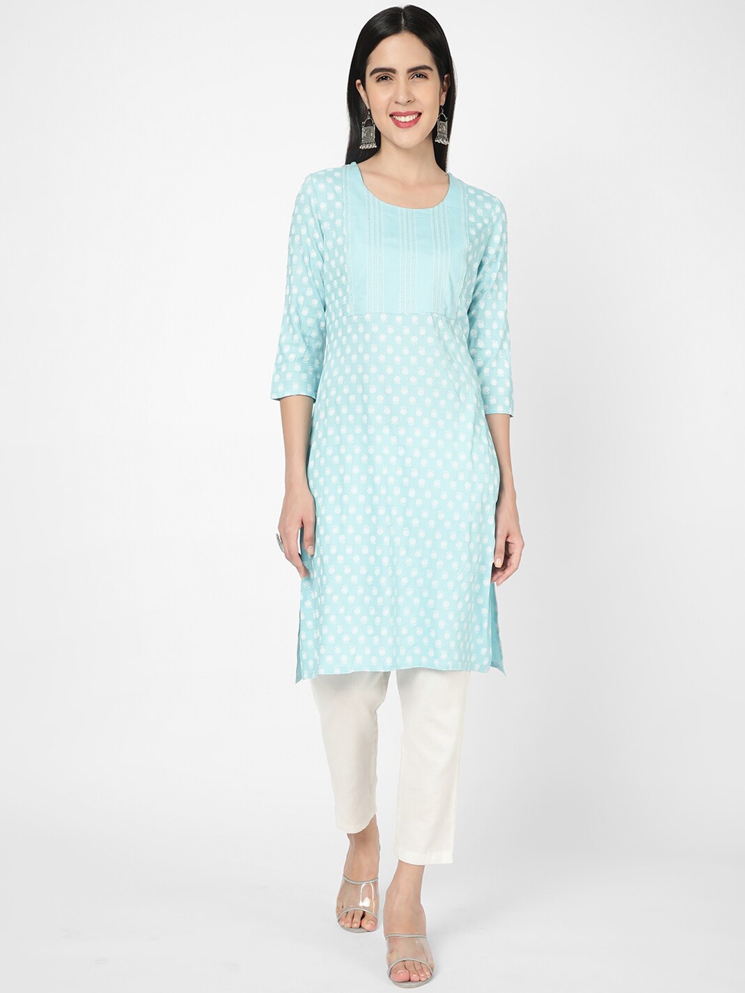 

R&B Floral Printed Thread Work Straight Kurta, Blue