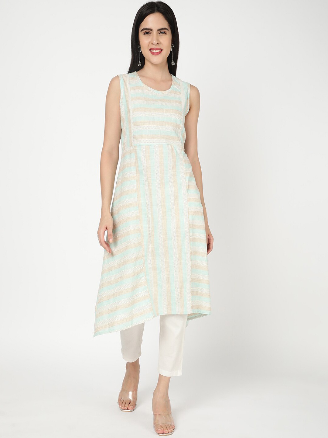 

R&B Round Neck Striped Asymmetric Hem A-Line Kurta, White