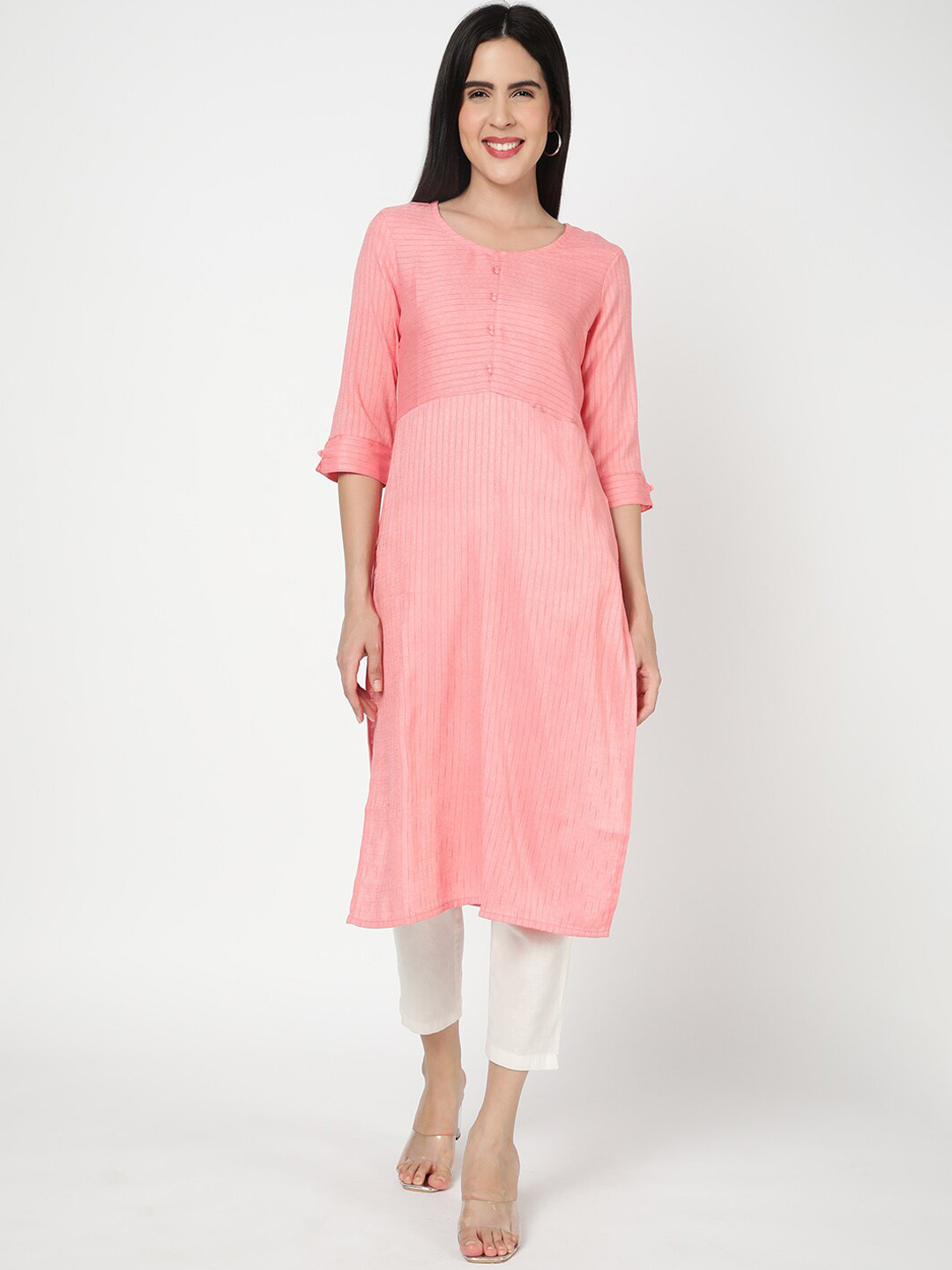 

R&B Striped A-Line Kurta, Pink