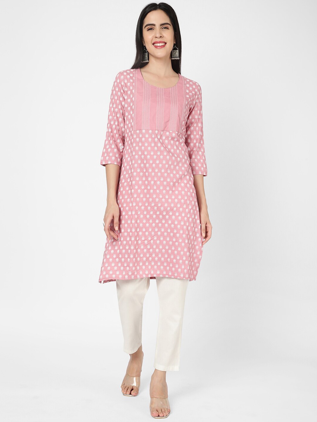 

R&B Floral Printed Thread Work Straight Kurta, Pink