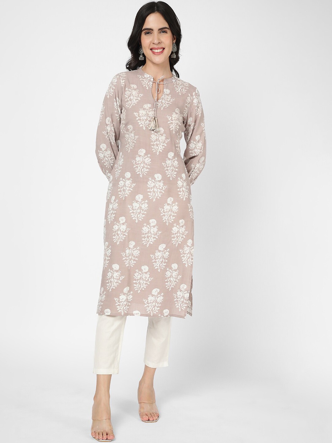 

R&B Tie Up Neck Floral Printed Straight Kurta, Grey