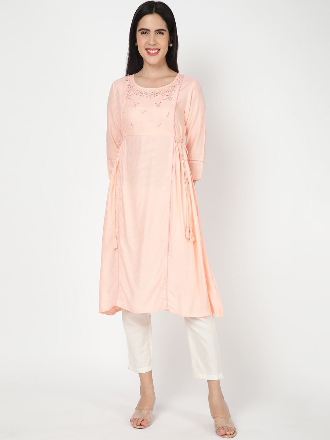 

R&B Woven Design Thread Work A-Line Kurta, Peach