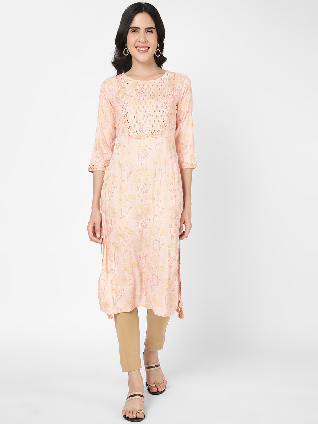 

R&B Floral Printed Mirror Work Kurta, Pink