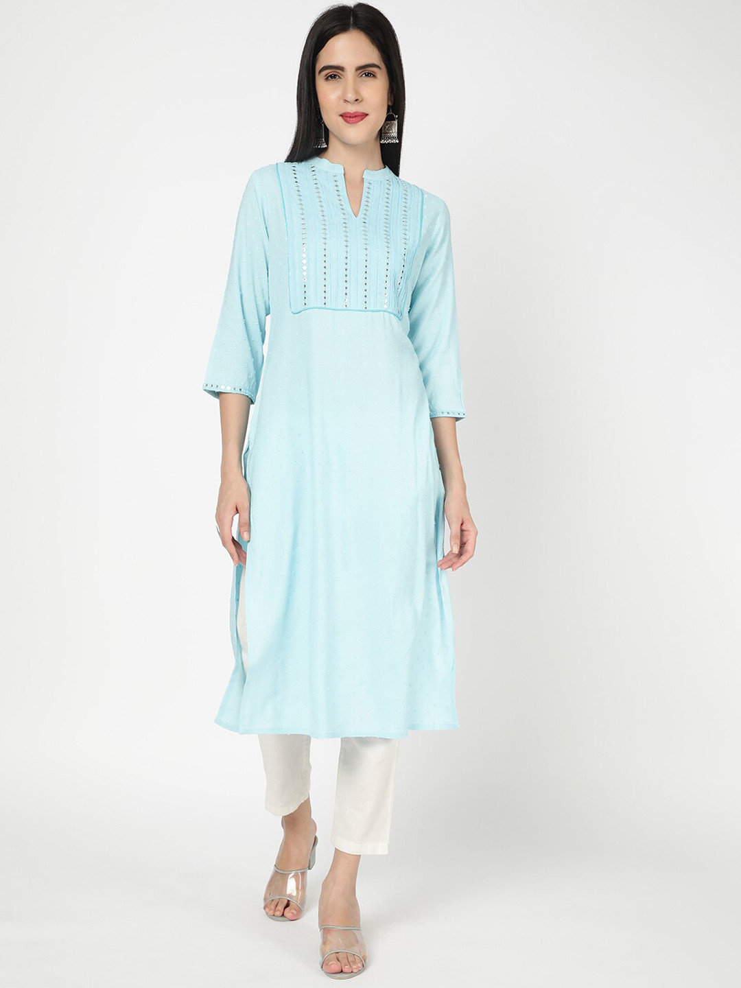 

R&B Band Collar Woven Design Mirror Work Kurta, Blue