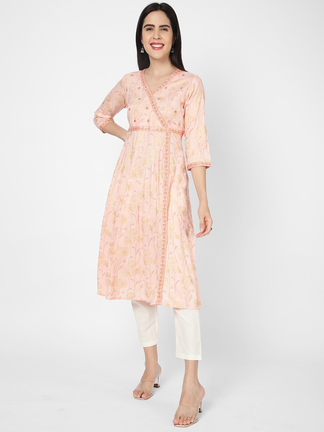 

R&B Floral Printed Mirror Work Angrakha Kurta, Pink