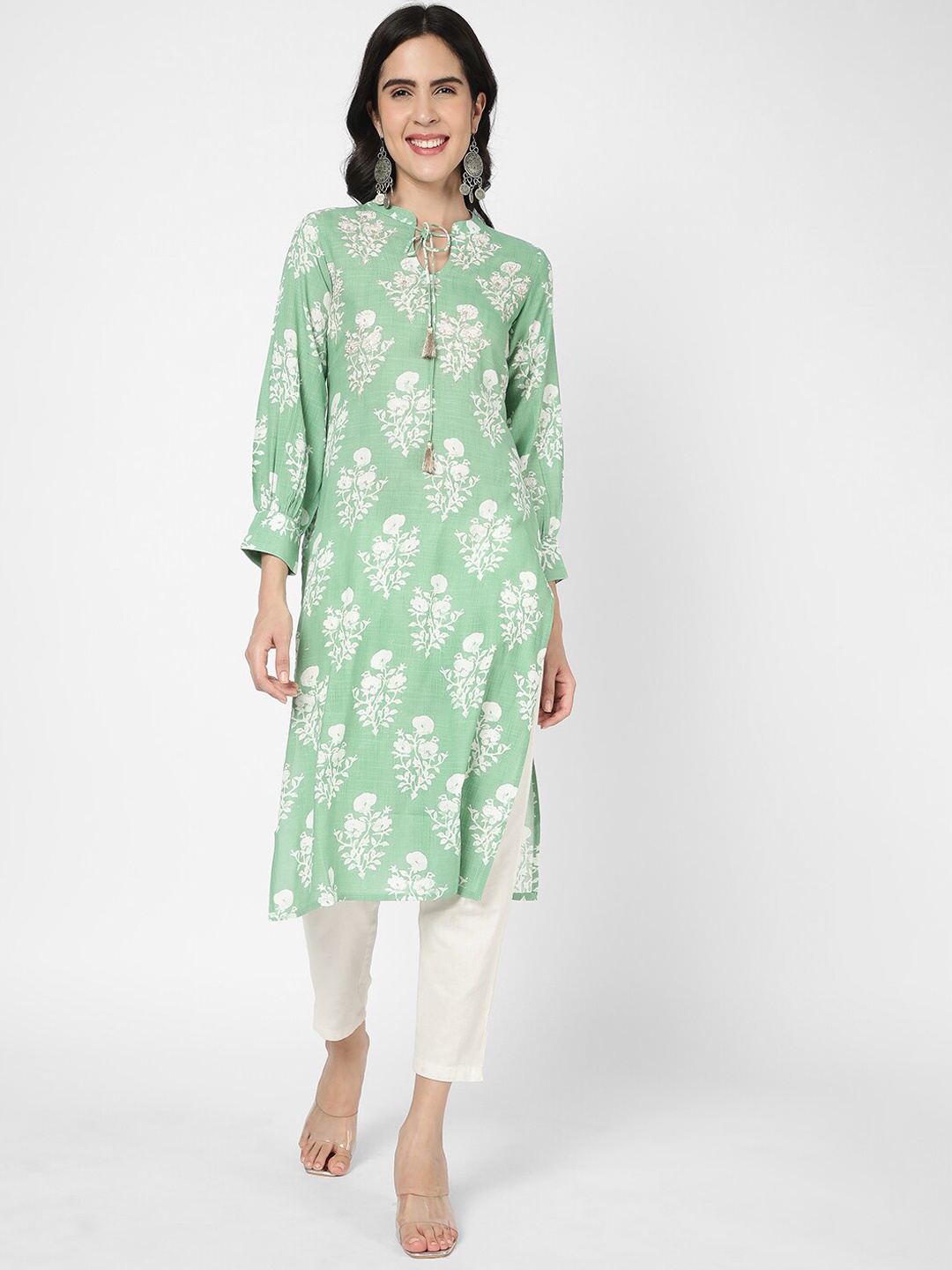 

R&B Tie Up Neck Floral Printed Straight Kurta, Green