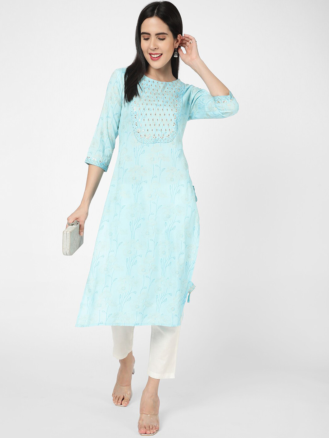 

R&B Floral Printed Mirror Work Kurta, Blue