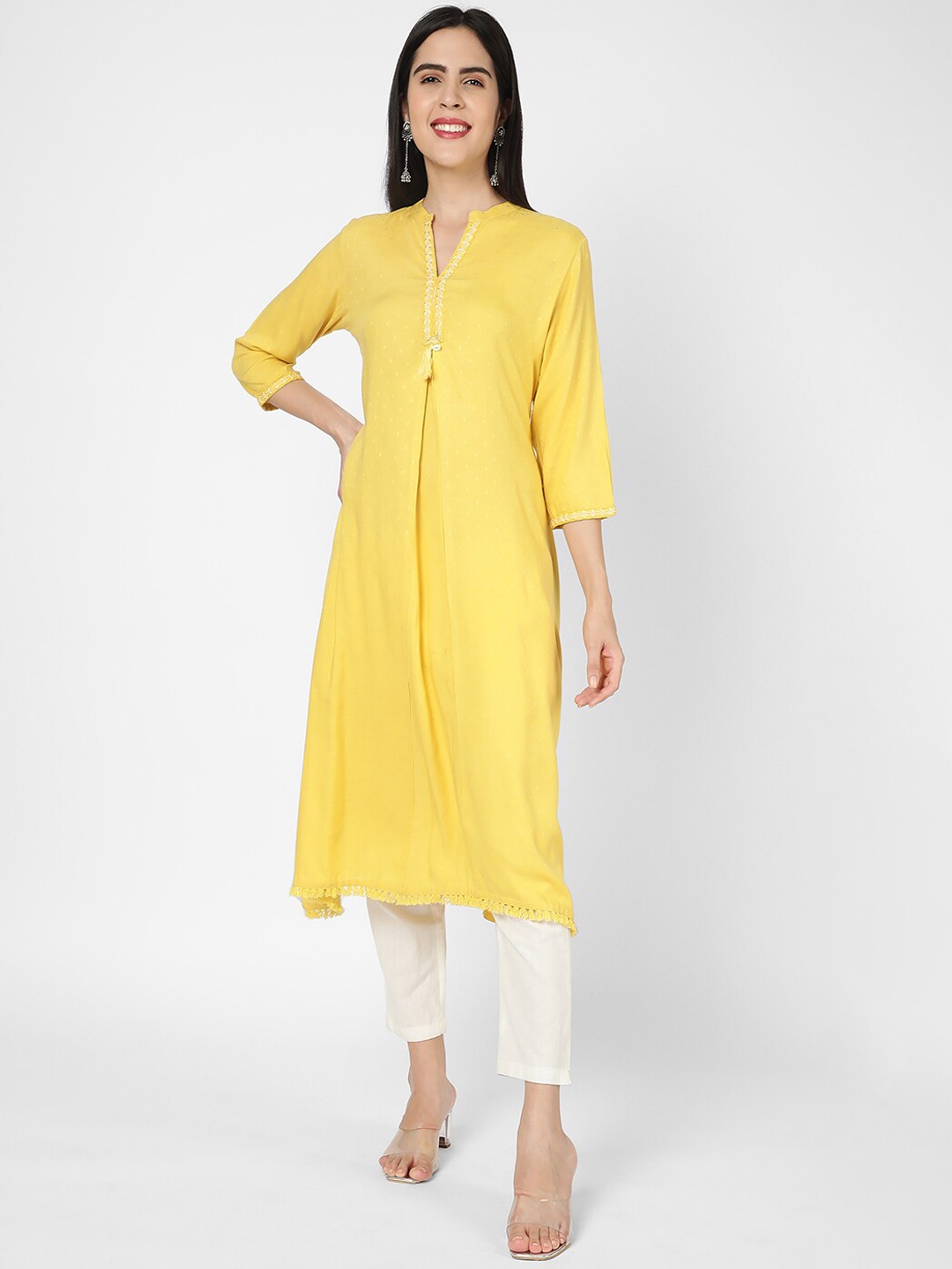 

R&B Band Collar Woven Design Thread Work Kurta, Yellow