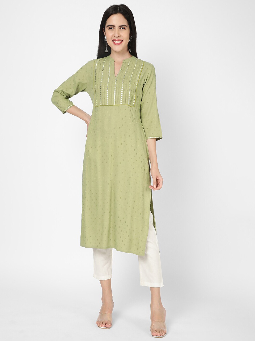 

R&B Band Collar Woven Design Mirror Work Kurta, Olive