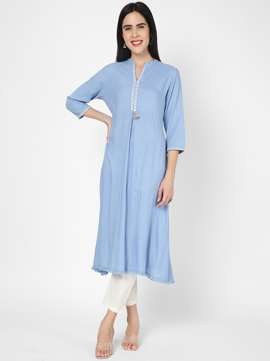 

R&B Band Collar Woven Design Thread Work Kurta, Blue