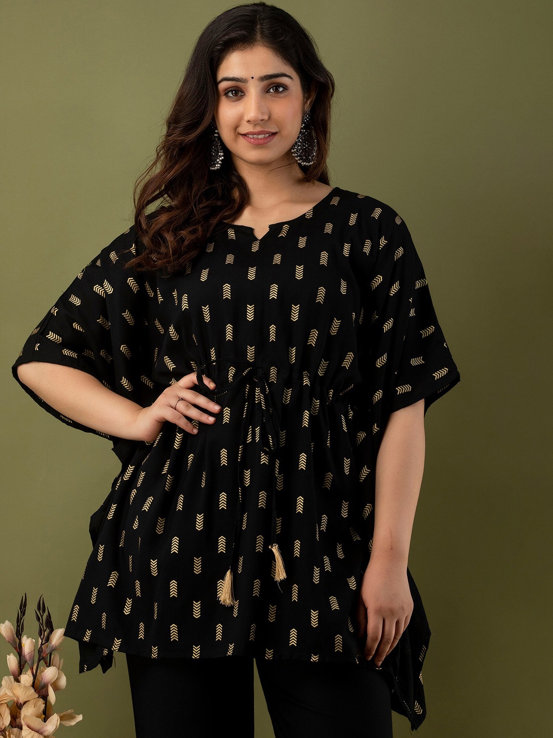 

Mialo fashion Notched Neck Ethnic Motifs Printed Kaftan Kurti with Trousers, Black