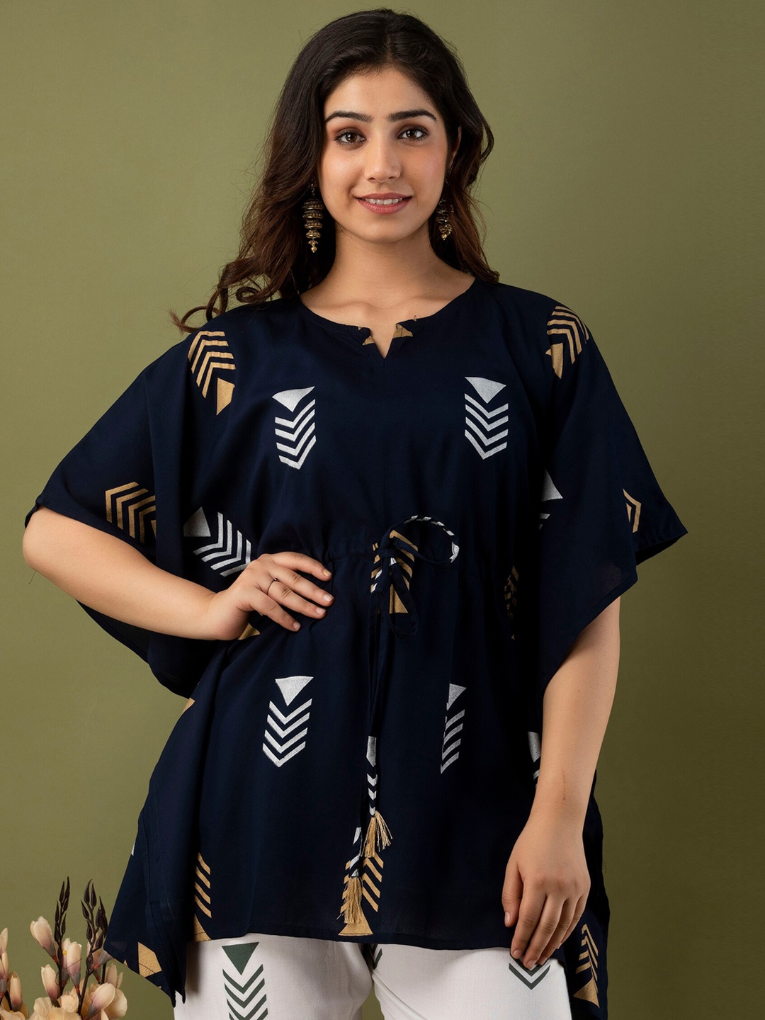 

Mialo fashion Ethnic Motifs Printed Kaftan Kurti with Trousers, Navy blue