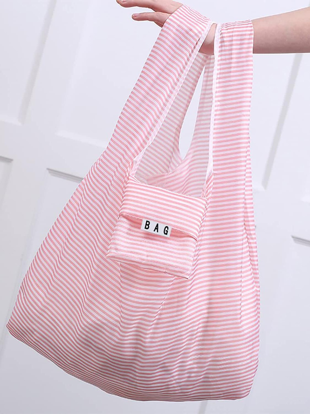 

HOUSE OF QUIRK Set of 3 Striped Oversized Foldable Shopper Tote Bag, Pink