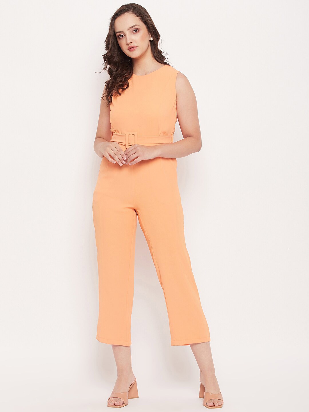 

Madame Round Neck Sleeveless Belted Basic Jumpsuit, Orange