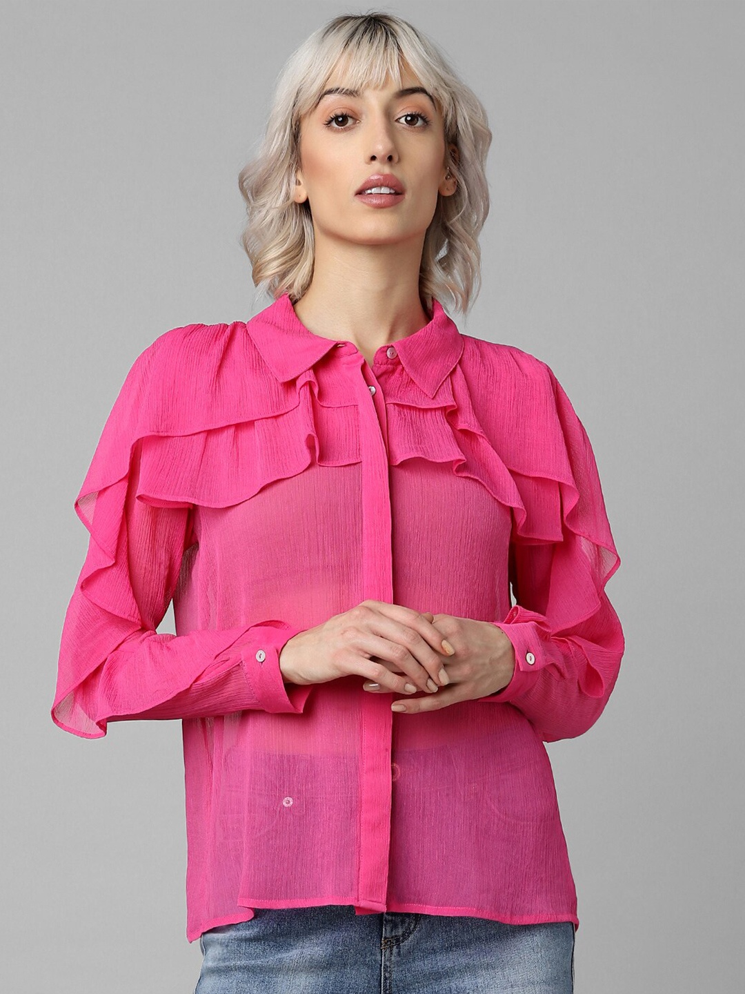 

ONLY Women Ruffled Semi Sheer Casual Shirt, Pink