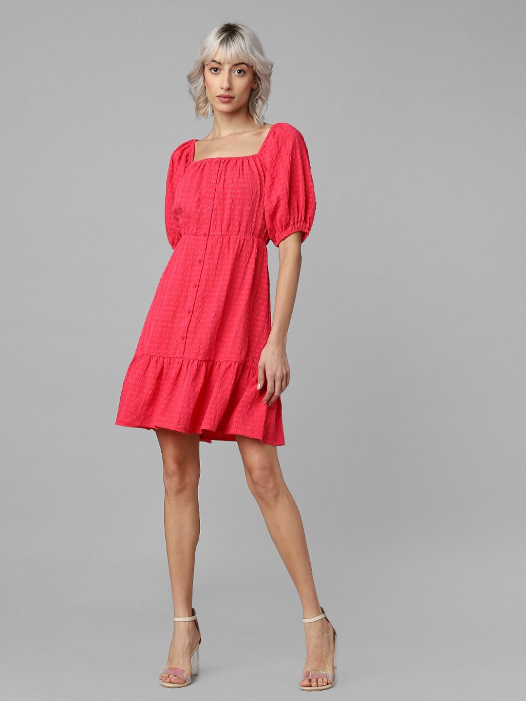 

ONLY Striped Puff Sleeve A-Line Dress, Pink