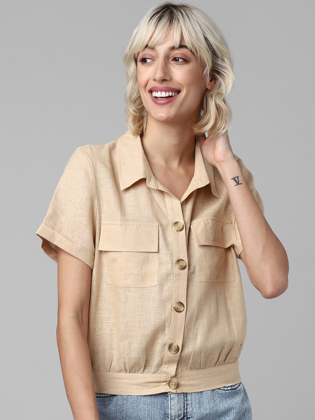 

ONLY Women Solid Opaque Casual Shirt, Beige