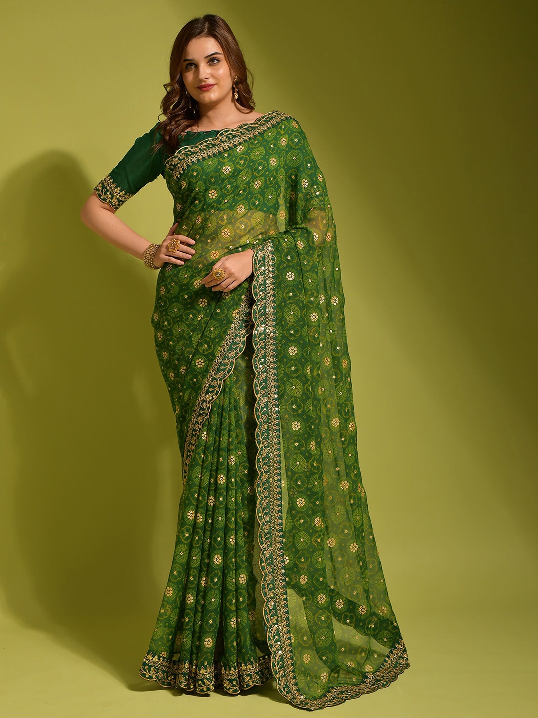 

VEERAX Sequin Embellished Pure Georgette Saree, Green