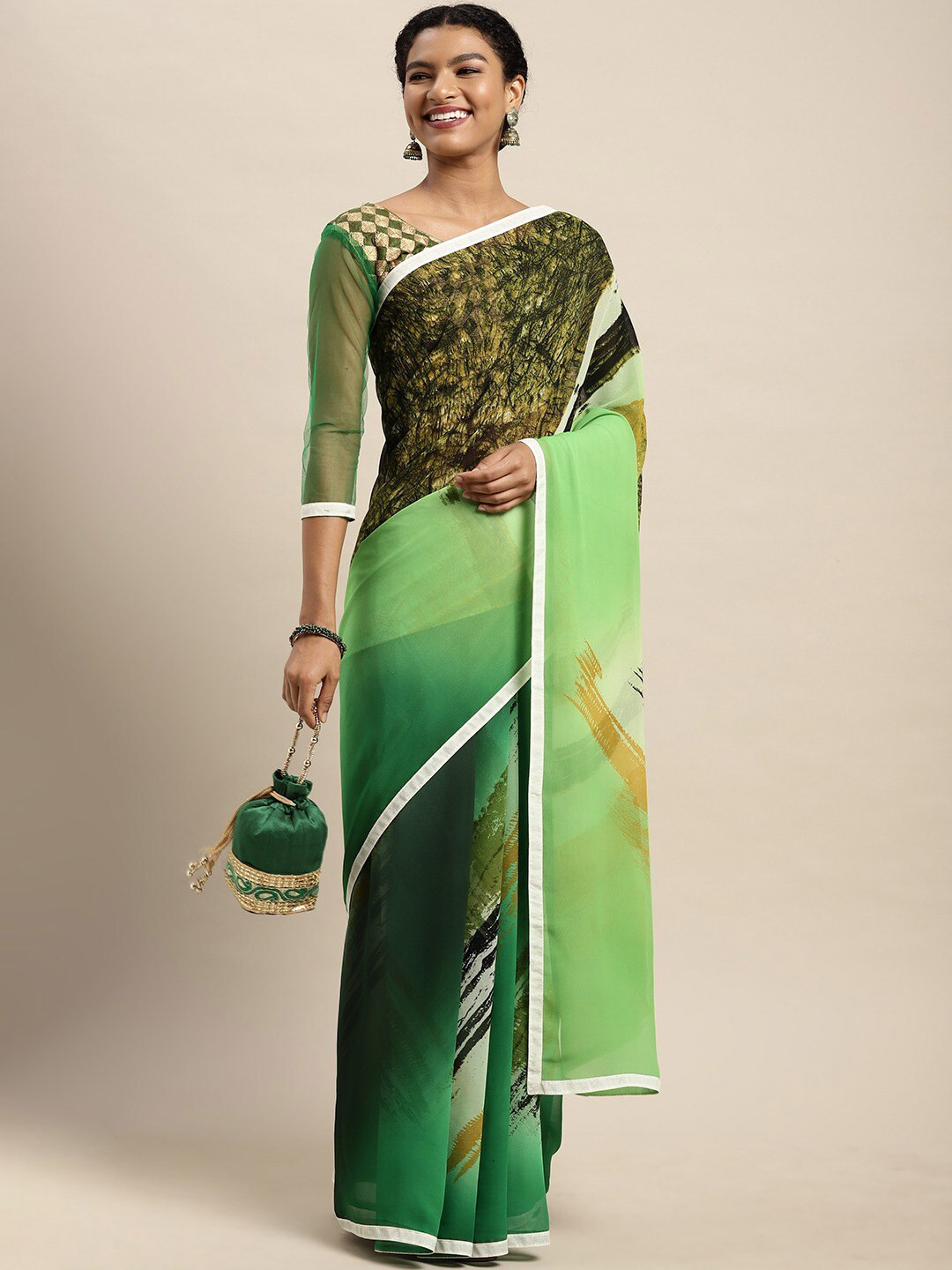 

Shaily Green & Black Abstract Printed Pure Georgette Saree