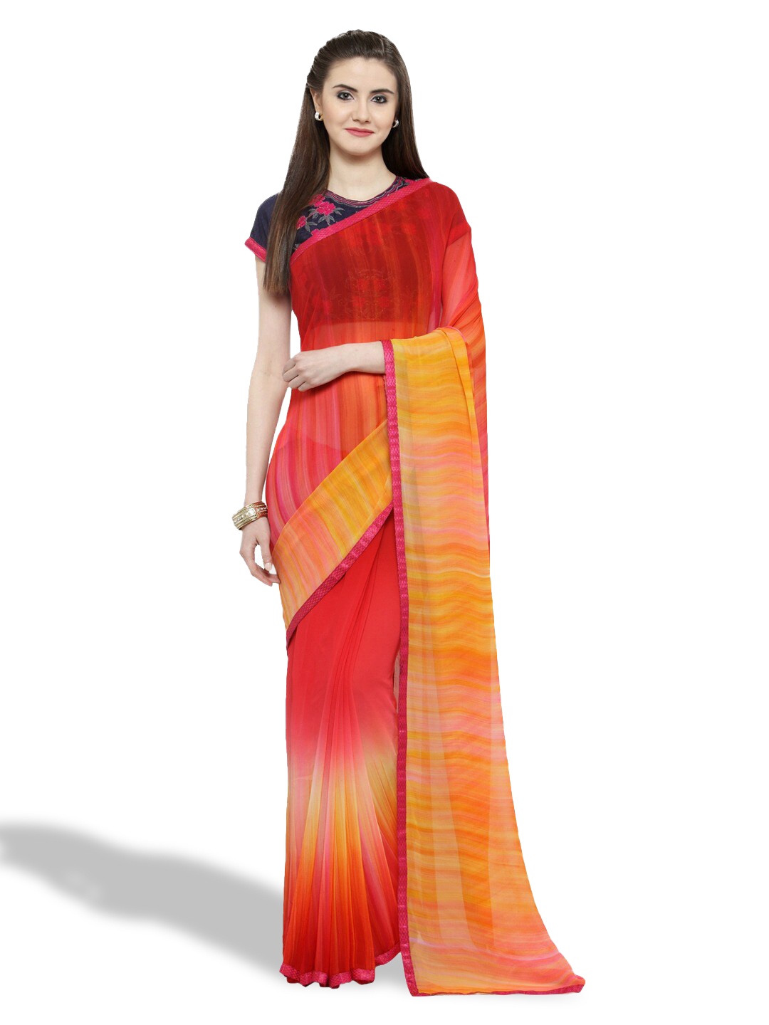 

Shaily Pink & Yellow Abstract Printed Pure Georgette Saree