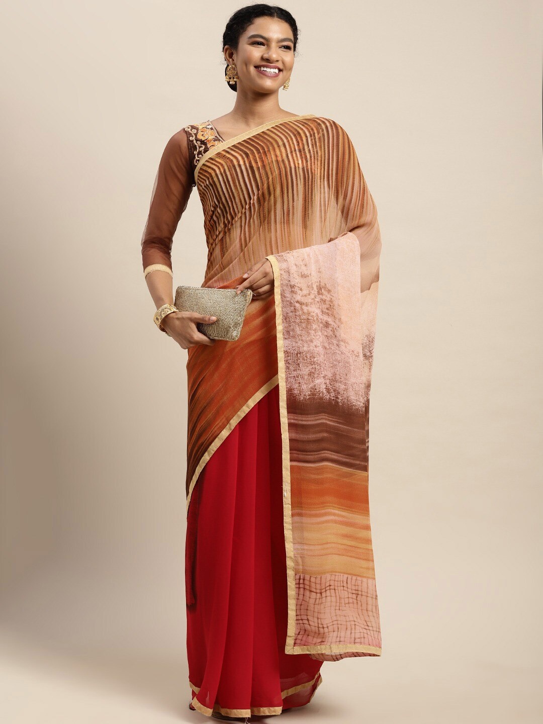 

Shaily Abstract Printed Zari Pure Georgette Saree, Red