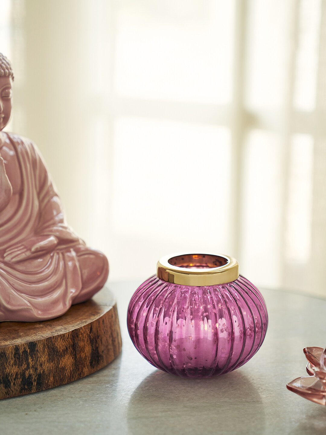 

Pure Home and Living Pink & Gold Toned Textured Tea Light Candle Holder