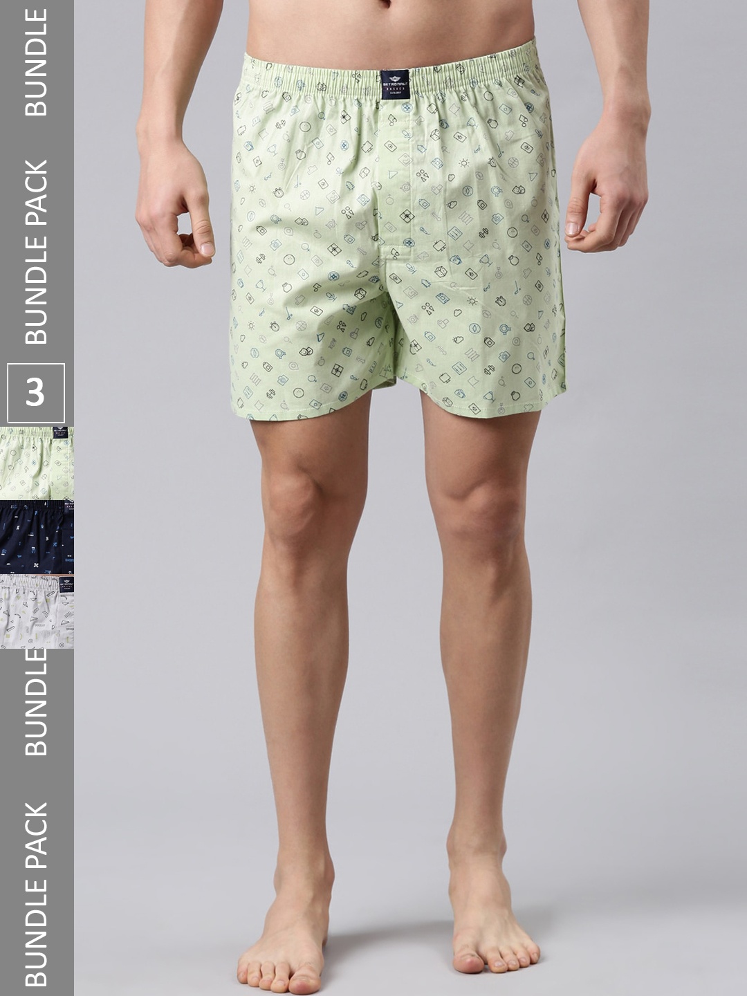 

Metronaut Men Pack Of 3 Printed Pure Cotton Boxers, Green