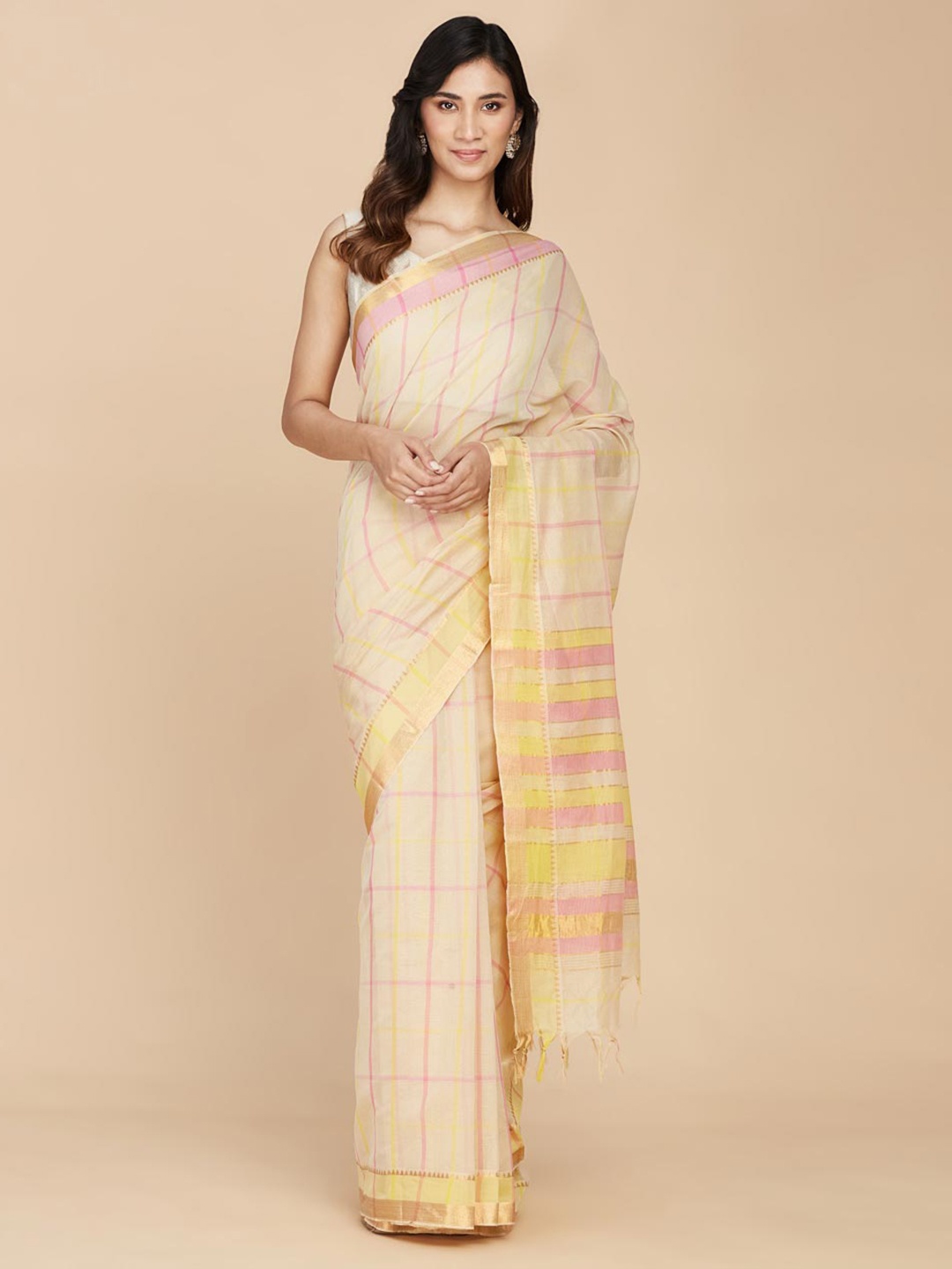 

Fabindia Beige & Yellow Checked Pure Cotton Saree
