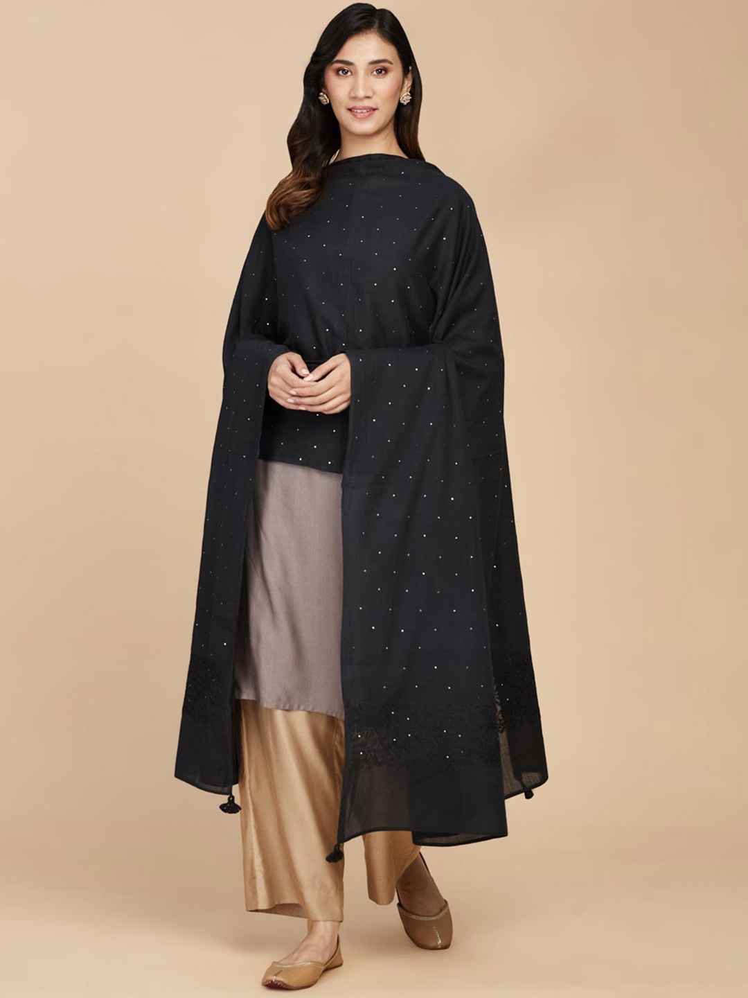 

Fabindia Ethnic Motif Embroidered Cotton Dupatta, Black