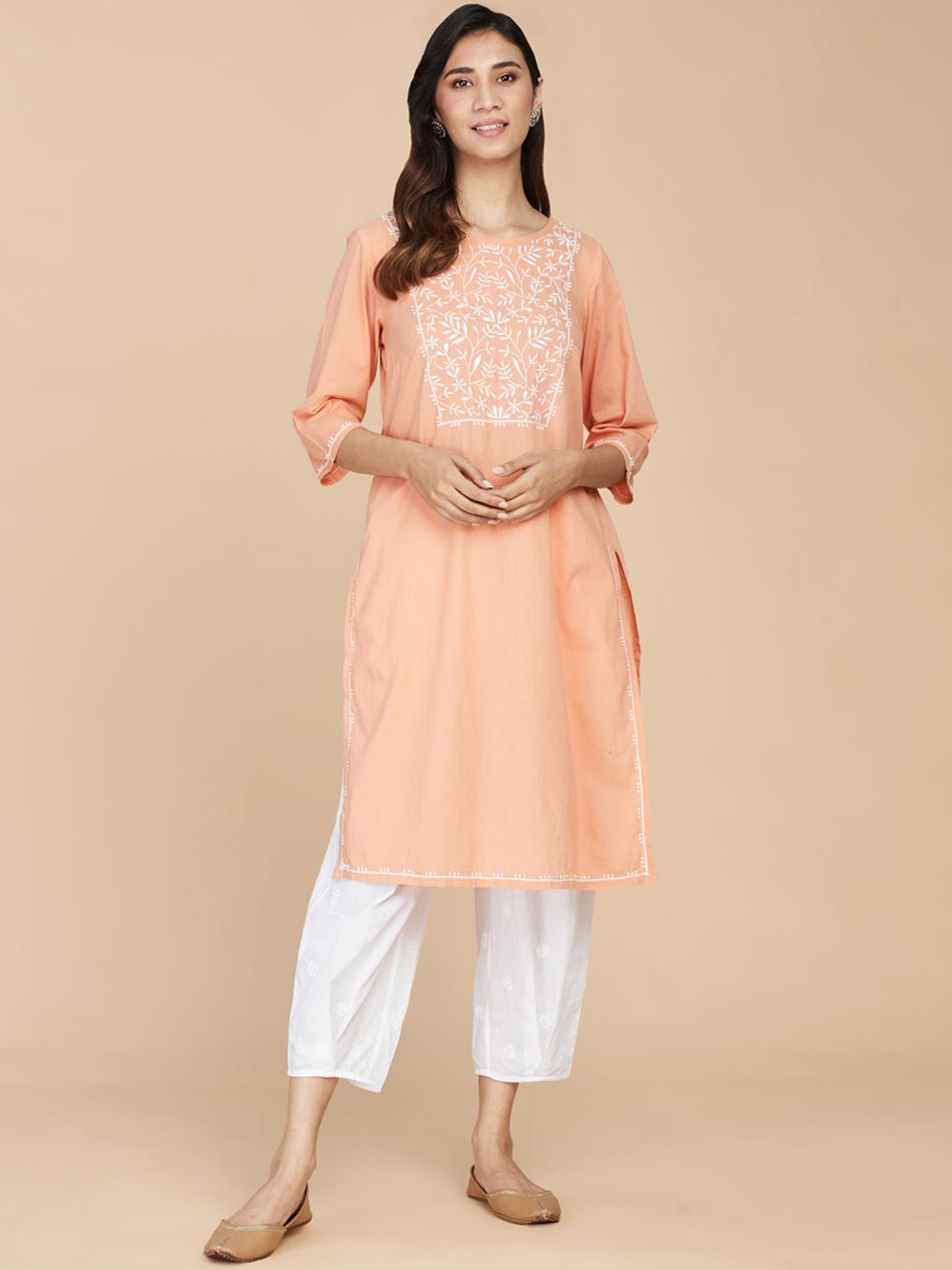 

Fabindia Floral Embroidered Boat Neck Pure Cotton Kurta with Trousers, Peach