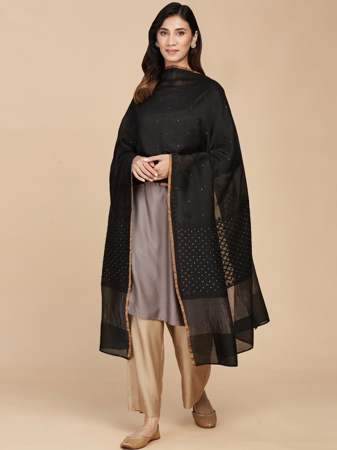 

Fabindia Ethnic Motifs Embroidered Chikankari Cotton Silk Dupatta, Black