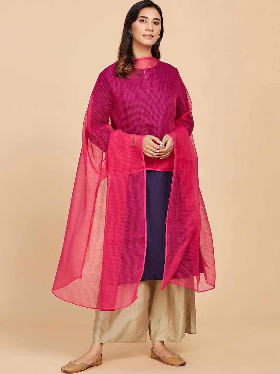 

Fabindia Checked Cotton Silk Dupatta, Pink