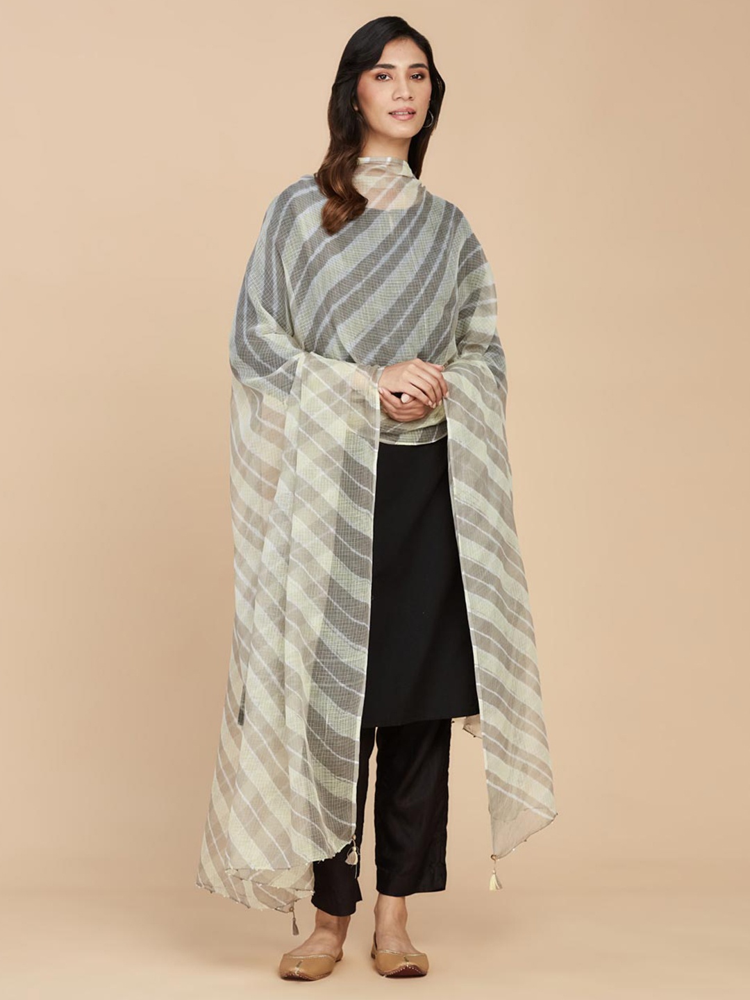 

Fabindia Striped Cotton Silk Dupatta, Brown