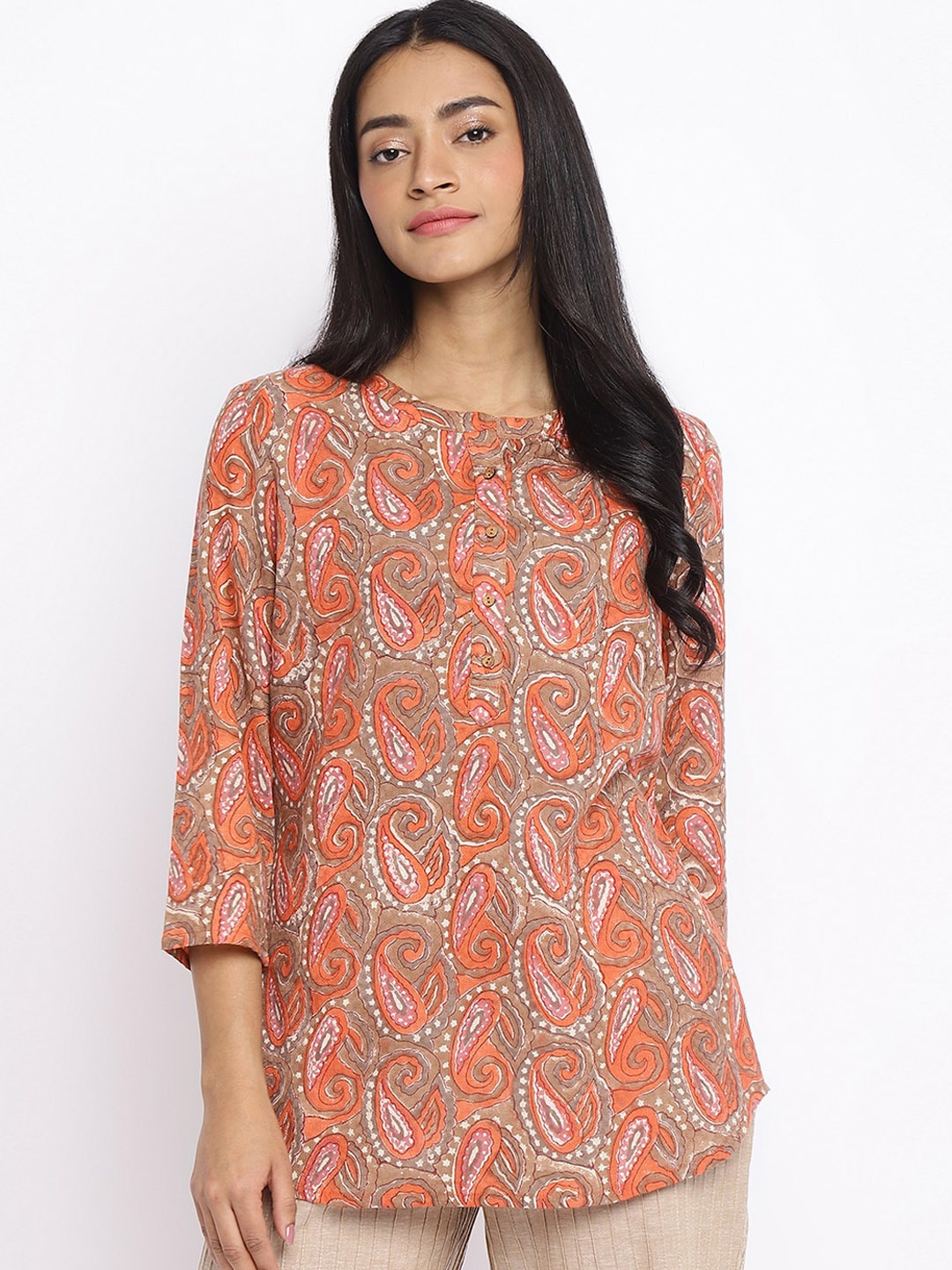 

Fabindia Mandarin Collar Paisley Printed Cotton Kurta, Multi