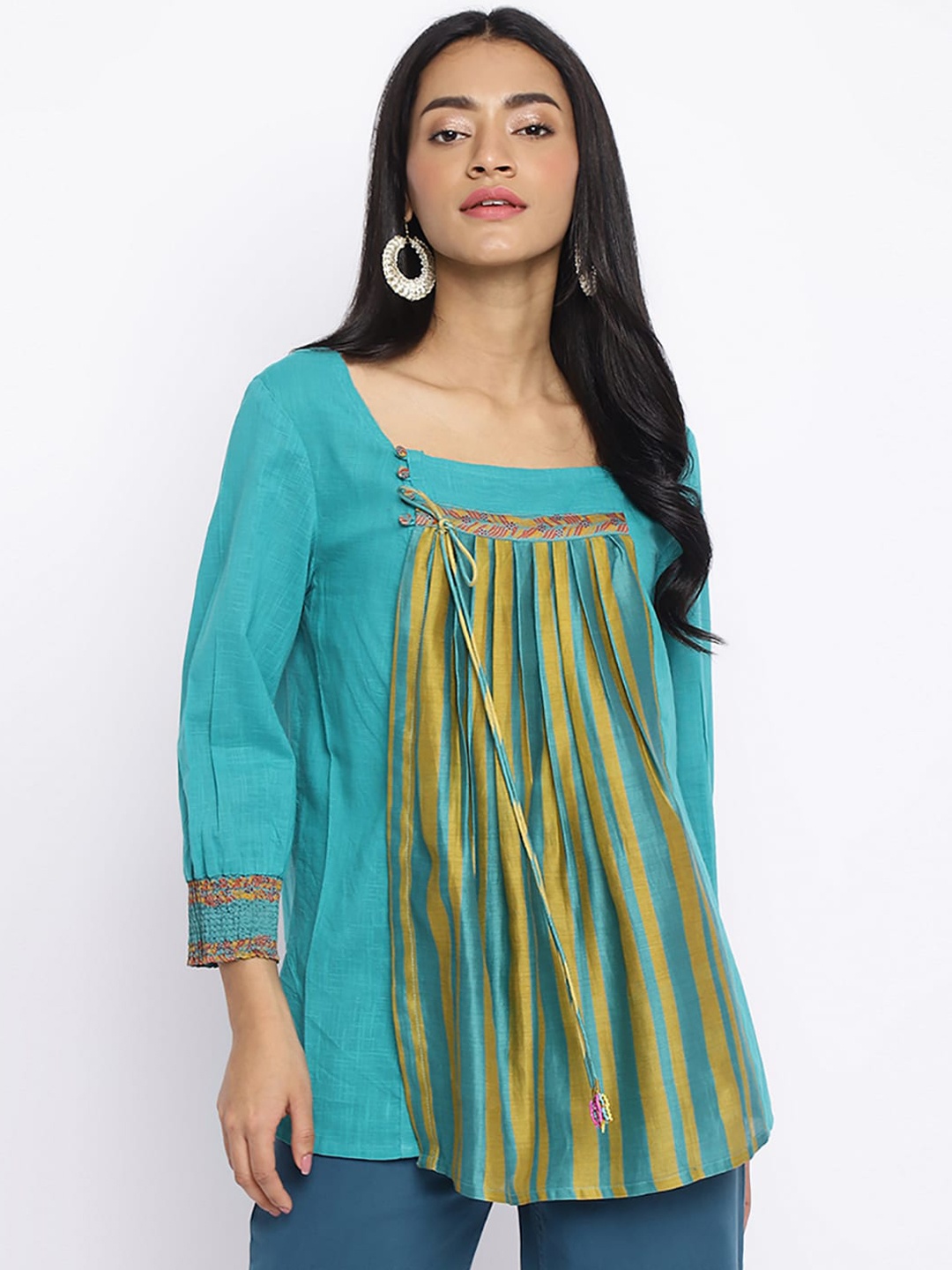 

Fabindia Square Neck Pleated Striped Cotton Kurti, Turquoise blue