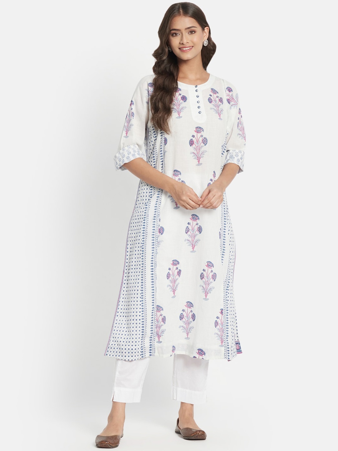 

Fabindia Paneled Floral Printed A-Line Cotton Kurta, White