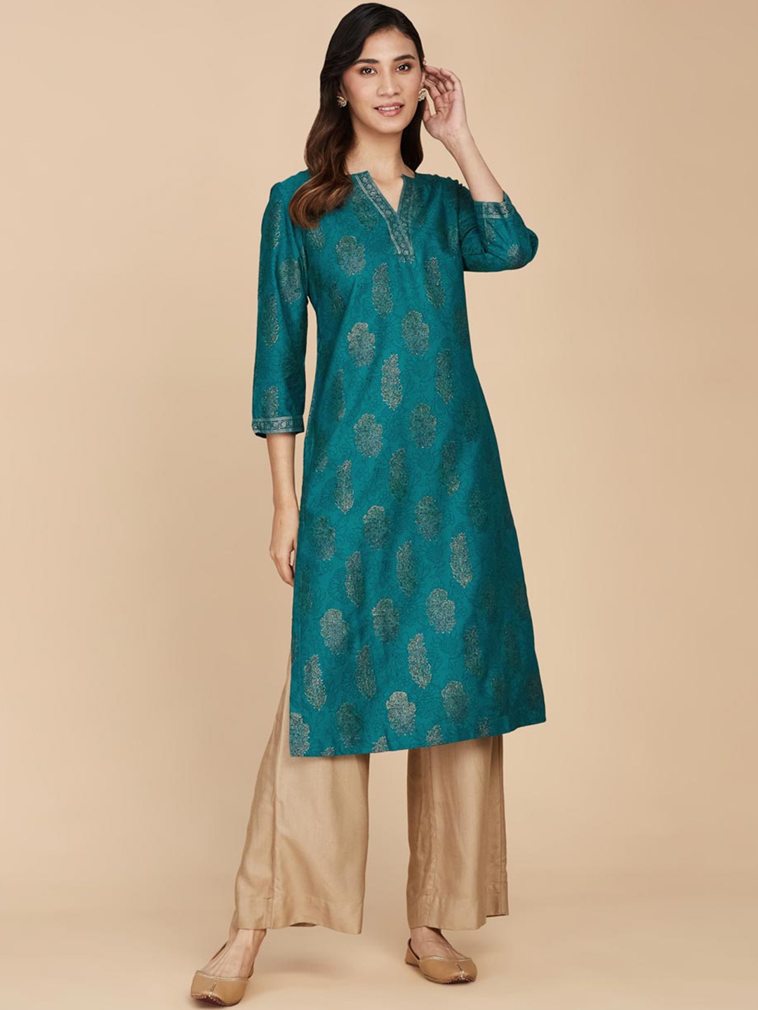 

Fabindia Notched Neck Ethnic Motifs Printed Straight Kurta, Teal