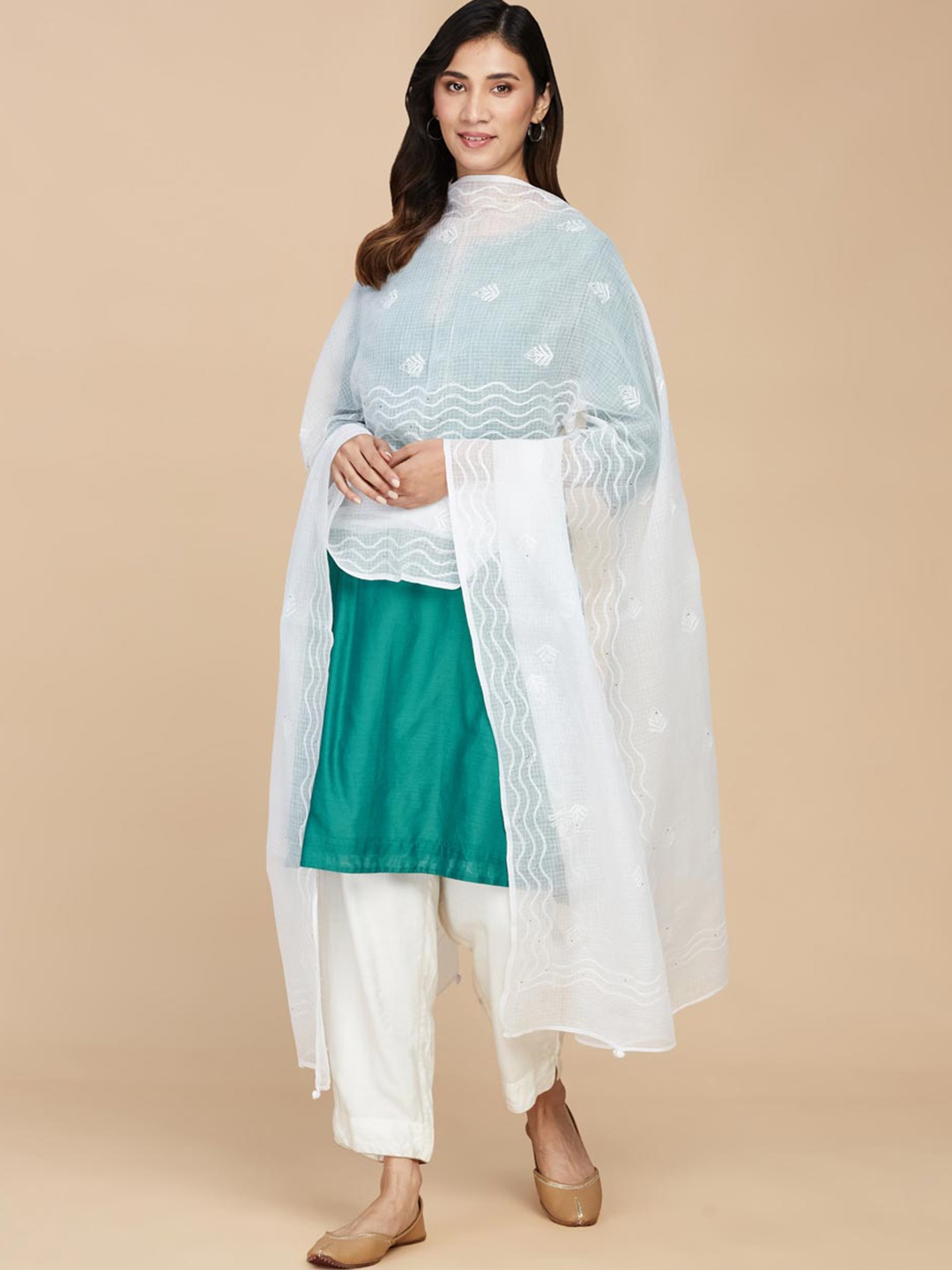 

Fabindia Ethnic Motifs Embroidered Dupatta, White