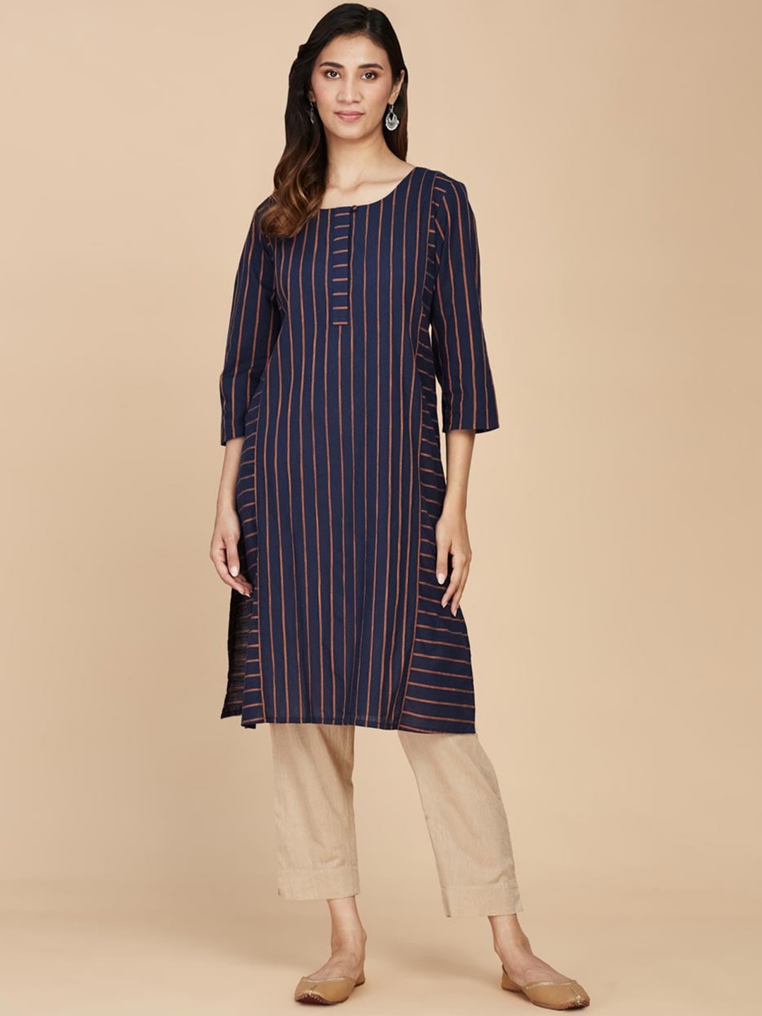 

Fabindia Striped Straight Cotton Kurta, Navy blue