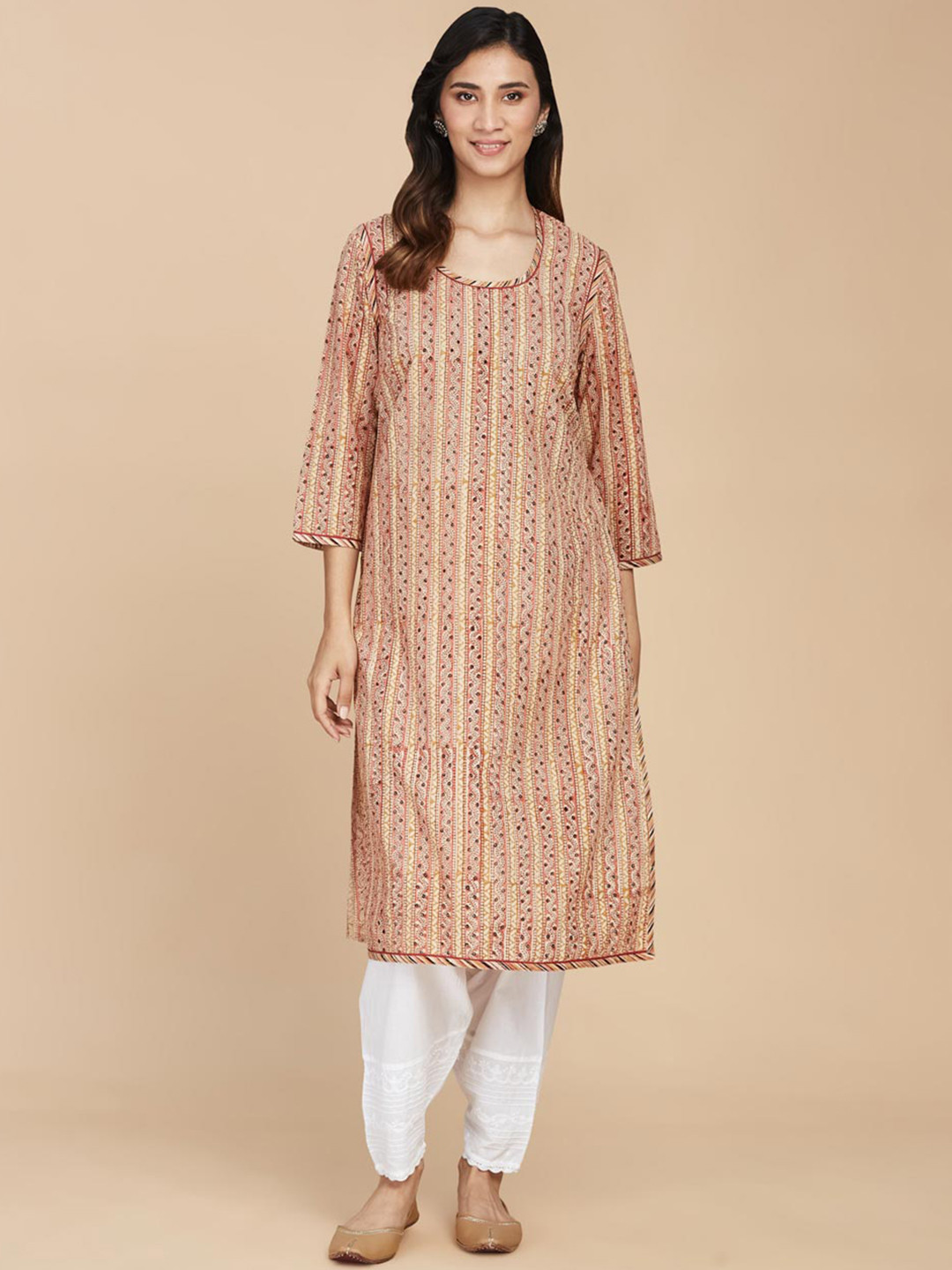 

Fabindia Ethnic Motifs Printed Straight Cotton Kurta, Beige